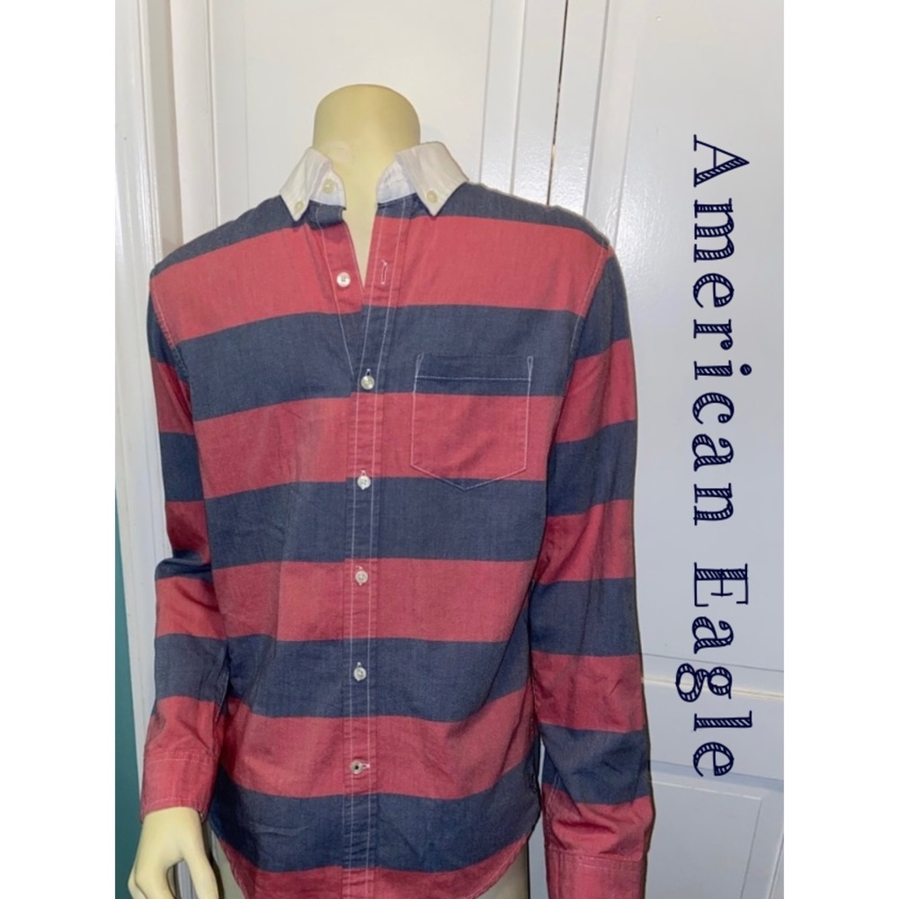 American Eagle button-down shirt red blue striped slim fit men's XS, EUC